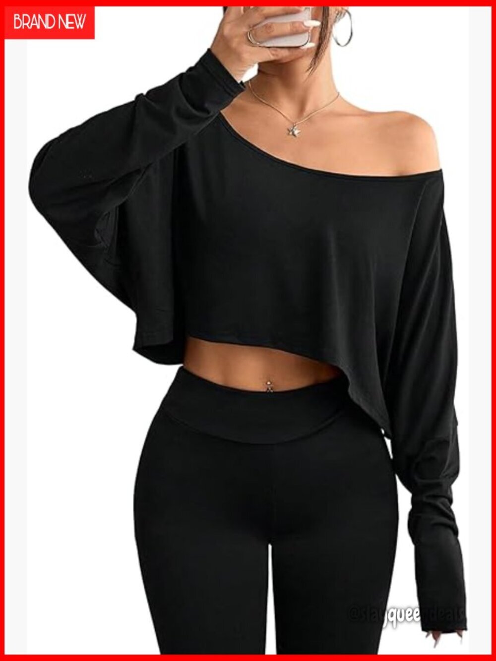 Long Sleeve Off Shoulder Crop Top Loose Fit Boat Neck Casual T-Shirt
